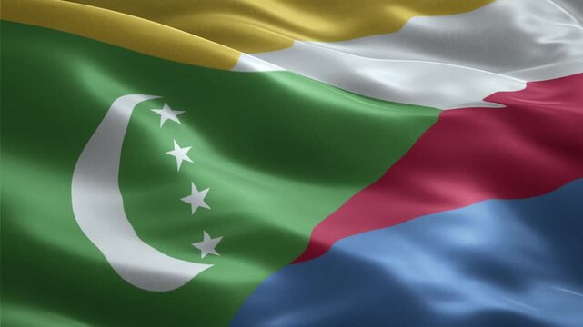 National flag of Comoros waving in a seamless loop with green triangle crescent moon and four stars