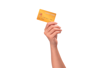 Hand holding a credit card isolated on transparent PNG. High resolution, high quality studio shot. Concept for technology, business, finance, advertising, E-commerce, Shopping and lifestyle themes.