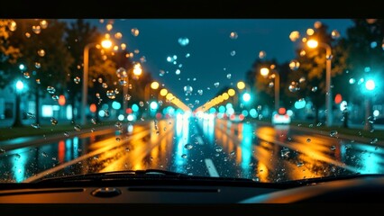 Rainy Night City Street Light Reflection Panoramic View