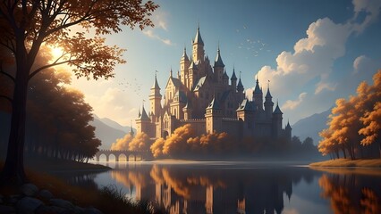 Mystical castle by the serene lake at sunset