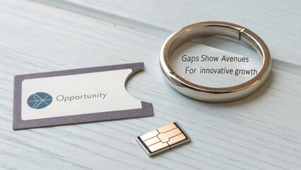 A broken metallic ring with a missing segment beside a USB drive and an opportunity card