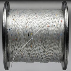 White Sewing Thread Spool with Colorful Specks on Industrial Bobbin Close-Up