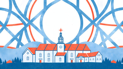 A vibrant illustration of a traditional church building with red roofs and an abstract blue and red sky