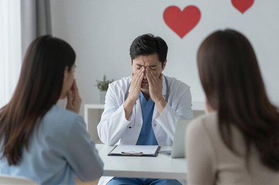 A female health care worker receives a valentine gift at work. Doctor celebrating Valentines day in hospital