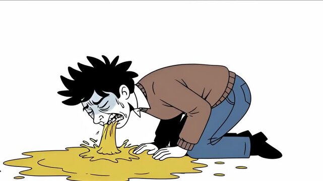 Cartoon illustration of a man kneeling on the floor and vomiting profusely, depicting illness, nausea, or food poisoning with a distressed facial expression and sweat.