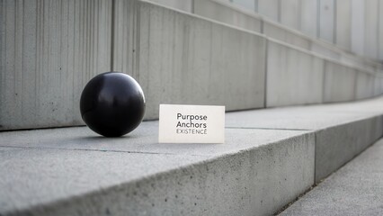 A black sphere and a card with the words Purpose Anchors Existence on a concrete surface.