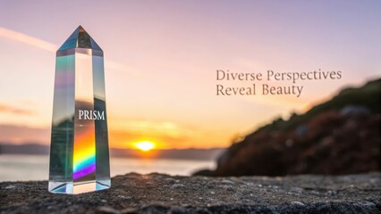 A clear glass prism refracting light into a vibrant rainbow spectrum against a beautiful sunset landscape