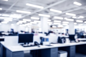 Naklejka premium Beautiful blurred background of a light modern office interior, ffice space in an unfocused view. Modern blurred background photo for banner, poster or magazine and website background. High quality.