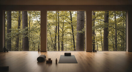 Yoga studio interior with forest view and yoga equipment