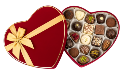 Luxurious open heart-shaped red box filled with assorted gourmet chocolates