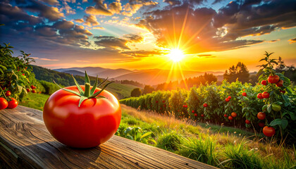 Vibrant tomato on a wooden surface with a picturesque sunrise in the background