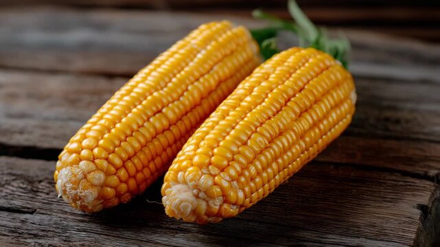 Macro shot of fresh golden corn cobs lying diagonally on a weathered wooden surface, soft natural light casting gentle shadows, emphasizing texture and vibrant harvest colors