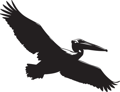 Silhouette of a Pelican Flying with Wings Spread Wide and Long Beak Extended also transparent background