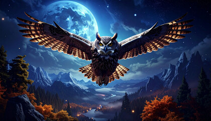 An owl soaring majestically through a moonlit night sky over a mountainous landscape