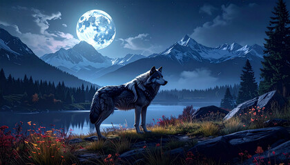 A majestic wolf standing under the moonlight in a scenic mountain landscape
