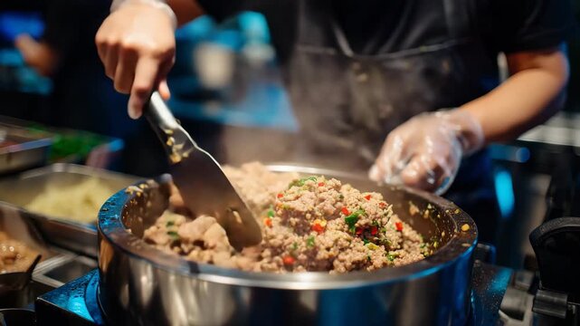Macro view of minced meat mixture being evenly incorporated with spices inside the powerful chopper, with a worker&rsquo;s hands steadying the machine lid