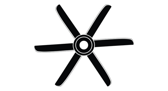 A striking black and white depiction of a ceiling fan with six blades presented as a silhouette