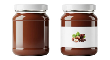 Clear glass jar filled with rich, glossy chocolate-hazelnut spread, deep brown and creamy, against a transparent background with copy space, gourmet food marketing concept