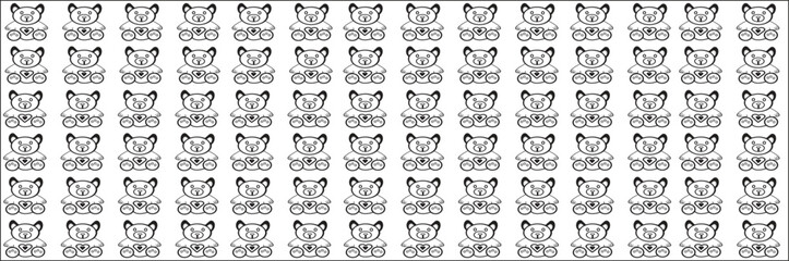 A minimalist horizontal banner featuring a repeating pattern of small teddy bears with hearts. This black and white line art design is ideal for nursery headers, baby shower tape, scrapbook borders.