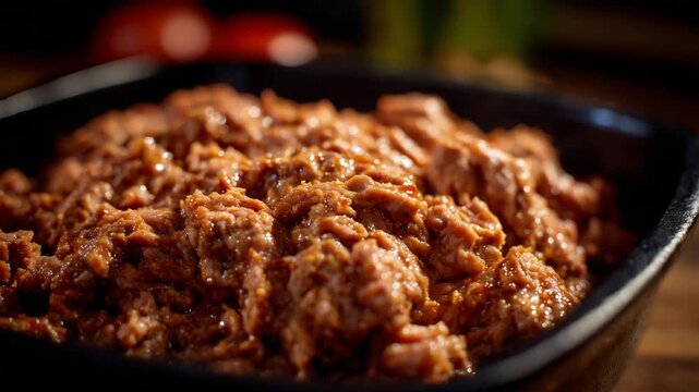Rich, steamy ground meat filling the frame, emphasizing its warm color, moist texture, and freshly processed appearance