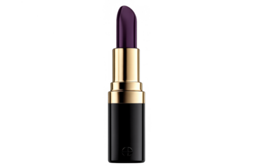 Dark purple berry lipstick in a luxurious black and gold tube, offering elegant cosmetic glamour, transparent background
