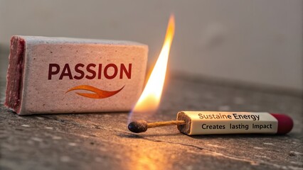A single robust flame ignites a matchstick next to a block with the word Passion inscribed