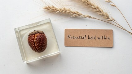 A Single Acorn Encased in Resin with the Word Potential Handwritten
