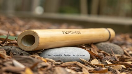 A perfectly carved hollow bamboo segment rests beside a stone inscribed with a philosophical quote, set in a natural outdoor environment.