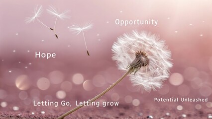 A single dandelion releasing seeds into the wind, symbolizing hope and future opportunities