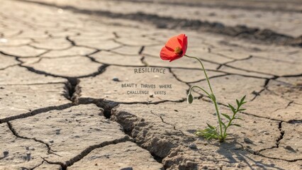 A solitary vibrant red poppy blooming defiantly from cracked dry earth, symbolizing resilience and hope against adversity