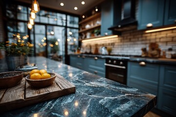 countertop with blurred home kitchen background, kitchen tabletop with copy space over blurred kitchen in background