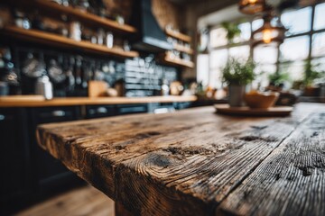 countertop with blurred home kitchen background, kitchen tabletop with copy space over blurred kitchen in background