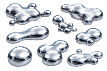 Liquid metallic drops and molten silver splashes creating fluid chrome abstract shapes, transparent background