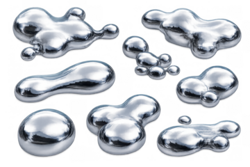 Liquid metallic drops and molten silver splashes creating fluid chrome abstract shapes, transparent background