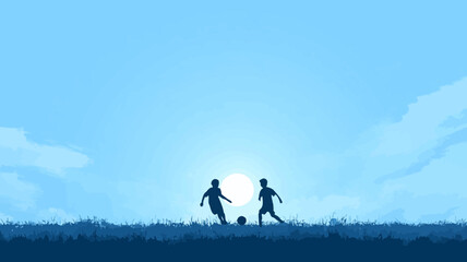Two silhouetted children playing soccer on a grassy field at sunset or sunrise, with a vibrant blue sky background.