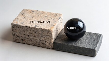 A solid granite foundation block next to a glossy black sphere labeled surprise