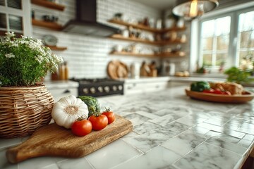 countertop with blurred home kitchen background, kitchen tabletop with copy space over blurred kitchen in background