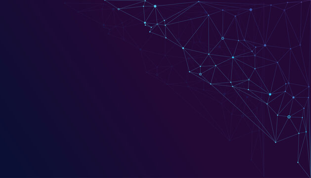 Illustration of a dark blue background with a geometric network pattern in the top right corner