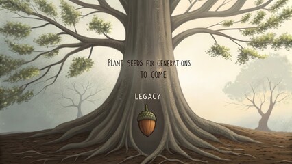 A single potent acorn rests before a towering ancient tree, symbolizing future generations and the planting of legacy.