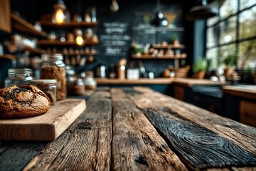 countertop with blurred home kitchen background, kitchen tabletop with copy space over blurred kitchen in background