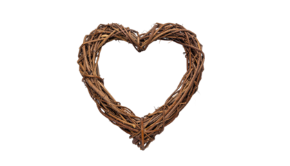 Heart shaped wreath made of brown twigs or branches against a plain white background studio shot product shot isolated
