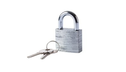 A metallic padlock with a key attached is visible against a white background in a studio shot security concept png with transparency