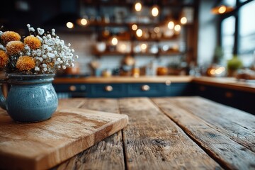 countertop with blurred home kitchen background, kitchen tabletop with copy space over blurred kitchen in background