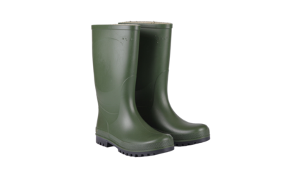 Olive green rubber wellington boots stand upright against a plain background with visible shadows and texture object on white and png