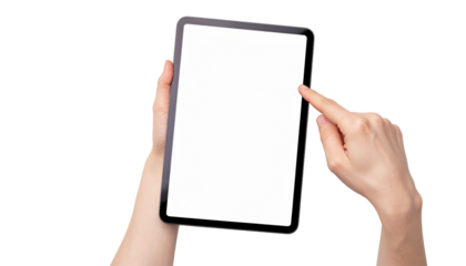 Hands holding a tablet with a white screen and a finger touching it on a white background isolated cutout on alpha channel
