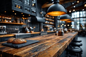 countertop with blurred home kitchen background, kitchen tabletop with copy space over blurred kitchen in background