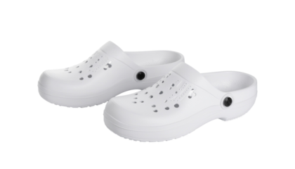 White clogs with holes sit side by side, appearing lightweight and comfortable, isolated on a neutral background with png background