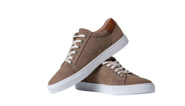 Two stacked brown canvas shoes with white laces and soles are visible against a white background png with transparency