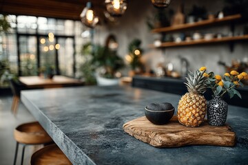 countertop with blurred home kitchen background, kitchen tabletop with copy space over blurred kitchen in background