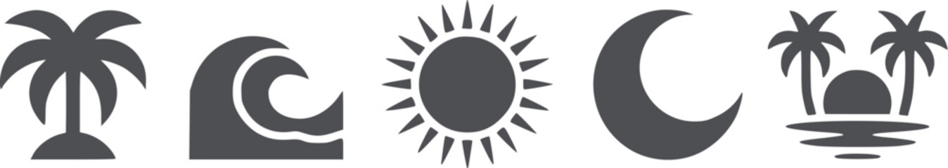 Five black tropical and nature set with palm tree wave sun moon and island ocean